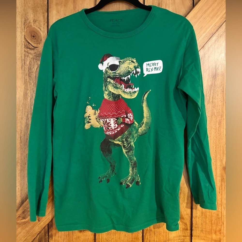 The Children's Place Boys Shirt XXL Christmas Dinosaur Green Long Sleeve